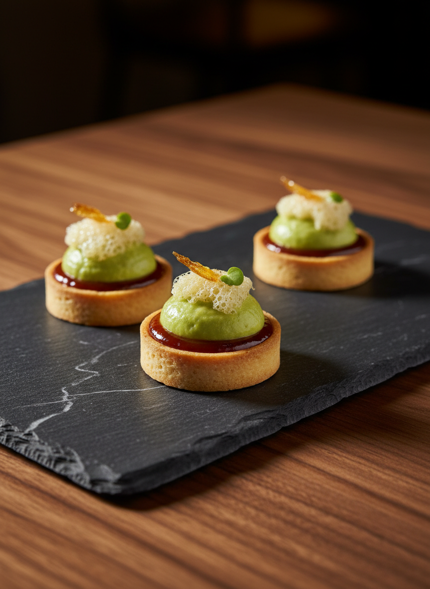 A close-up of a refined small plate appetizer that reimagines street-food flavors with modern elegance: three precisely arranged bite-sized tartlets with crisp golden shells, filled with vibrant avocado mousse, tangy tamarind gel, and delicately spiced potato espuma. Each tartlet is topped with a tiny shard of tempered sugar and a single micro herb leaf. They are presented on a charcoal slate platter with subtle natural veining, resting on a rich walnut table. Directional side lighting from the left creates dramatic highlights on the glossy gels and crisp edges, with a soft falloff into shadow on the right. Photographic realism, slightly elevated angle with shallow depth of field, yielding a sophisticated, artful, and contemporary mood that highlights culinary craftsmanship.