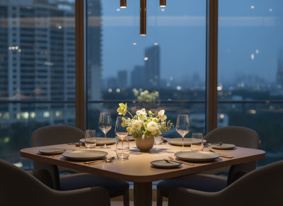 A meticulously arranged table setting for a contemporary fine-dining restaurant, featuring four elegantly upholstered chairs in muted charcoal fabric surrounding a smooth, light oak table with soft rounded edges. On the table rest minimalist stoneware plates in warm gray, slender crystal water glasses, and brushed brass cutlery aligned with precision. A single low centerpiece of white and pale green flowers sits in a matte ceramic vase. Warm pendant lights above cast a gentle golden glow, creating soft reflections on the glassware and subtle shadows on the oak surface. The background shows a softly blurred hint of a sophisticated Mumbai skyline through large windows. Photographic realism, shot at eye level with a shallow depth of field, evoking an intimate, refined, and welcoming atmosphere.