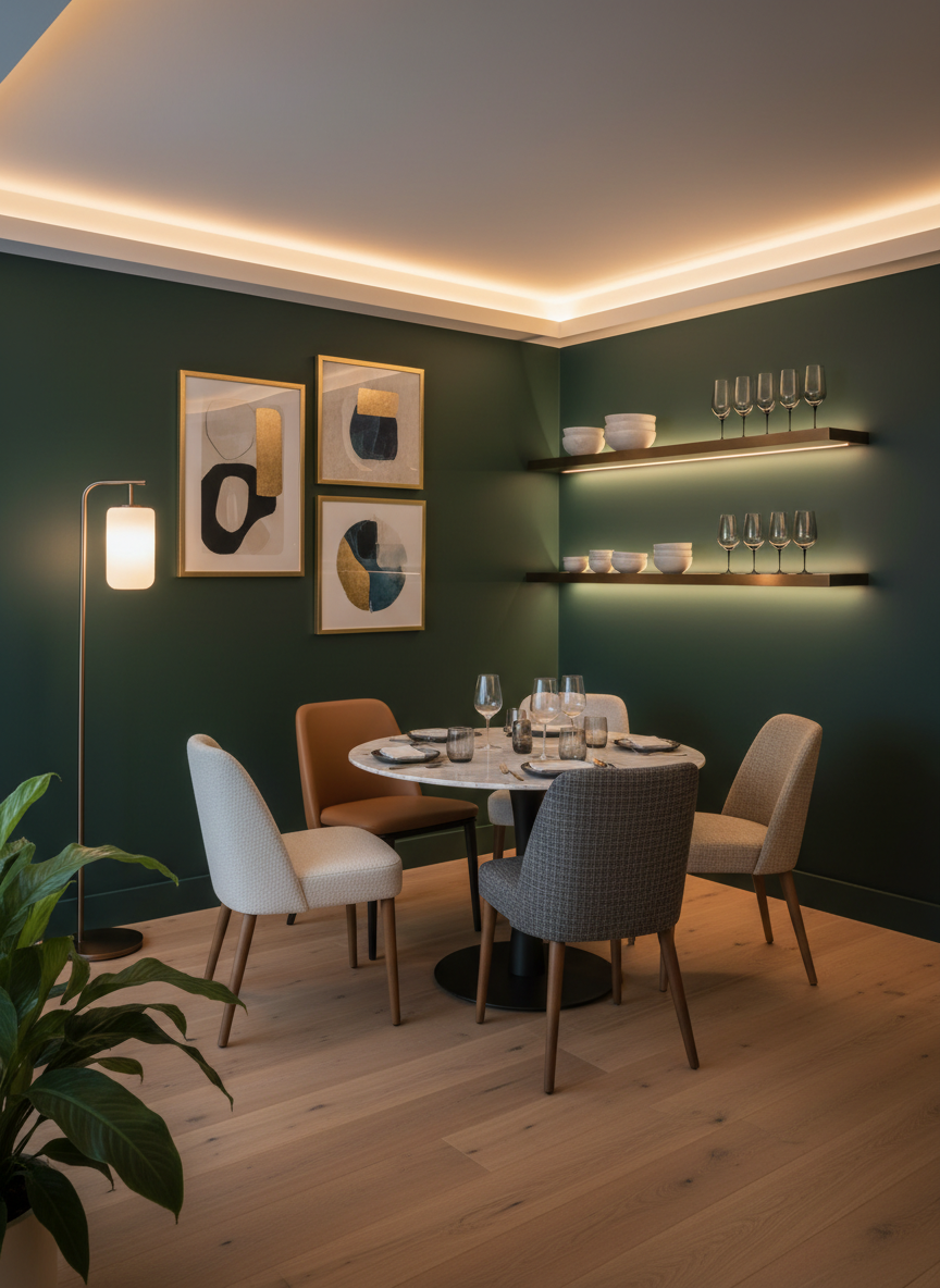An inviting corner of a restaurant interior designed for sophisticated yet cozy dining, showcasing four distinctive chairs in complementary neutral tones gathered around a small round marble-topped table. The chairs feature different textures—soft boucle, smooth leather, and finely woven fabric—symbolizing diverse global influences. Behind them, a feature wall in deep forest green holds a curated arrangement of abstract art and discreet backlit shelving with tastefully displayed ceramics and glassware. Warm, indirect lighting from concealed LEDs and a single sculptural floor lamp creates layered illumination and gentle shadows, emphasizing textures. Photographic realism, wide-angle view with balanced composition, capturing a serene, intimate, and luxurious atmosphere ideal for lingering over a long meal.