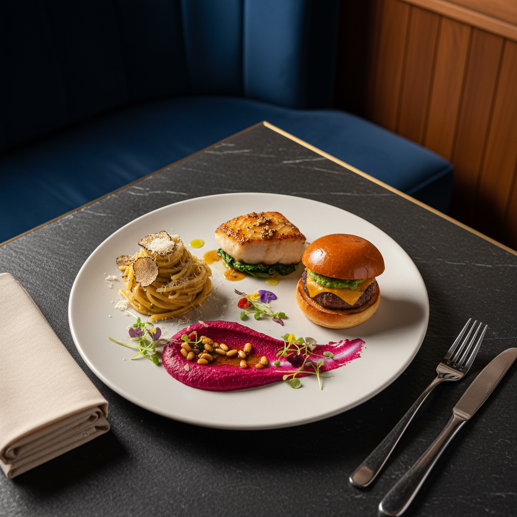 A hero dish representing global flavors reimagined: a large matte-white porcelain plate presenting artfully arranged tasting portions from different cuisines—velvety truffle-infused pasta twirls, a precisely seared piece of miso-glazed fish, a vibrant smear of Mediterranean beet hummus, and a petite slider with a glossy brioche bun. Microgreens and edible flowers add delicate color accents. The plate rests on a dark, honed stone tabletop, with a folded linen napkin and a slim, modern cutlery set nearby. Overhead warm, diffused lighting creates gentle highlights on sauces and glazes, with subtle shadows forming around each element. The background is softly blurred, hinting at sophisticated restaurant interiors in deep blues and warm woods. Photographic realism, top-down composition, clean and modern aesthetic celebrating elevated fusion cuisine.